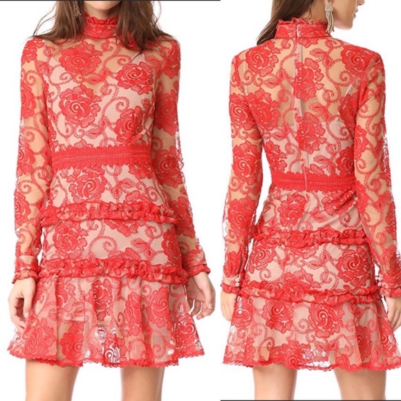 Nicholas Rosie Lace Floral Long Sleeve Mini Dress: Red - Picture 1 of 14